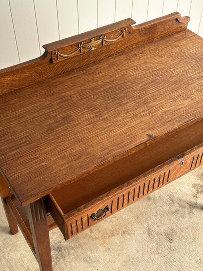 Antique Quarter Sawn Oak Console Table with Carved Gallery Back