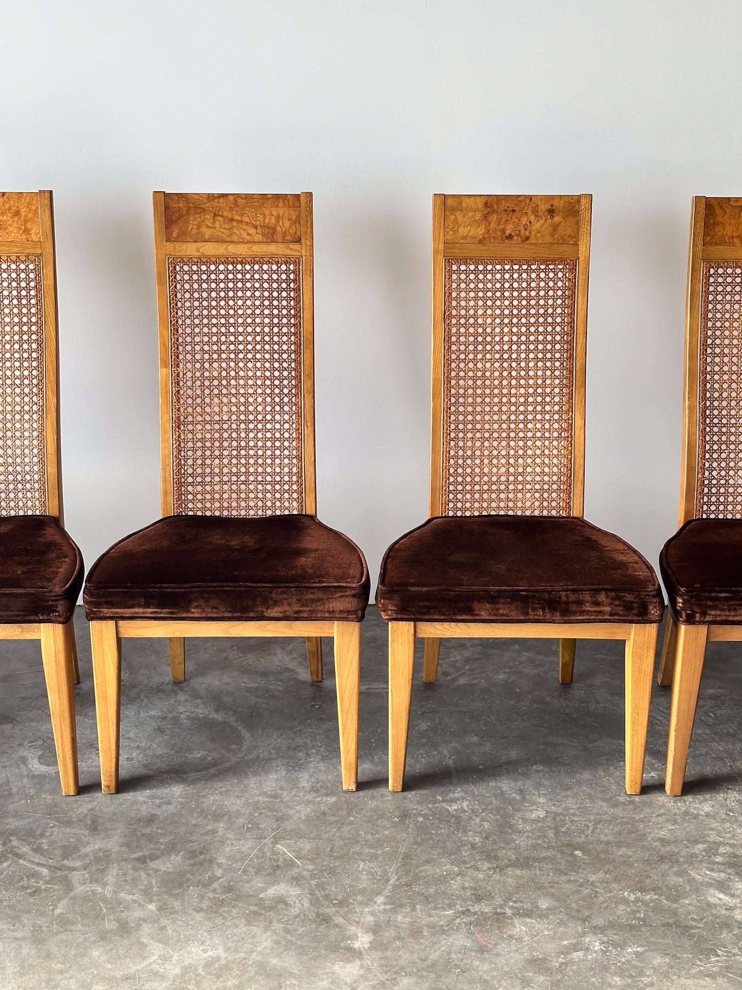 Set of 6 Milo Baughman Style Cane Back Burl Dining Chairs by Lane, 1970s