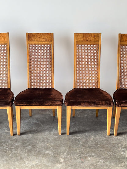 Set of 6 Milo Baughman Style Cane Back Burl Dining Chairs by Lane, 1970s