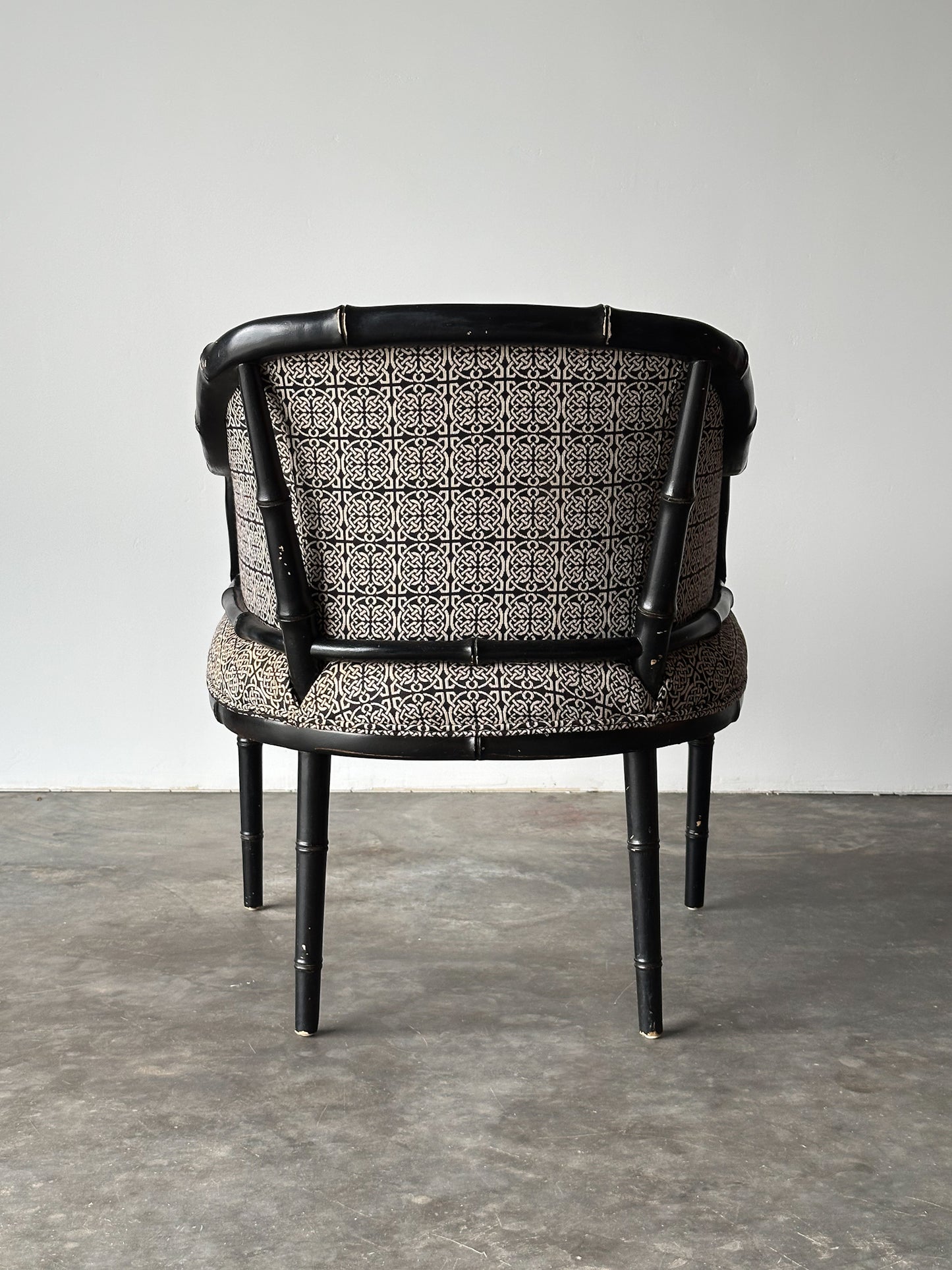 Vintage Black Lacquered Faux Bamboo Barrel-Back Armchair