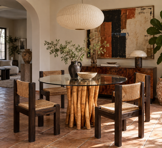 Bundled Bamboo Round Glass Dining Table, Budji Layug, 1970s