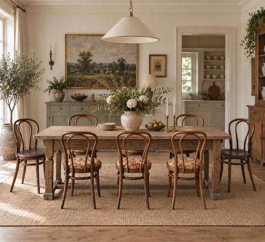Bentwood Oak Café Chairs W/ Rose Floral Seats, 1933 World's Fair, Set of 7