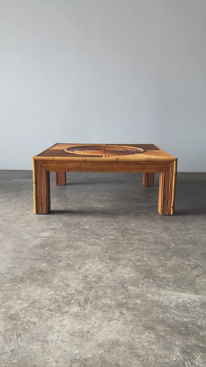 Sunburst Rattan Square Coffee Table, Vivai Del Sud, Italy, 1970s