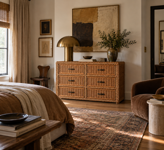 Woven Wicker Six-Drawer Dresser with Braided Rope Trim, 1980s
